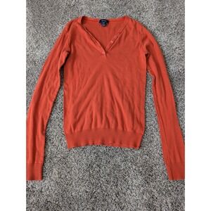 Faconnable Orange Henley Knit Top Long Sleeve V-Neck Made in France Womens M